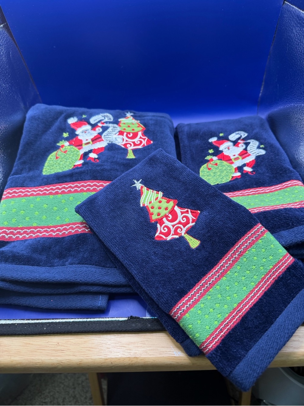 Navy Blue Holiday Tree Embroidered Towel Set